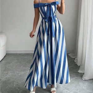 Blue and White Striped Off-Shoulder Maxi Dress